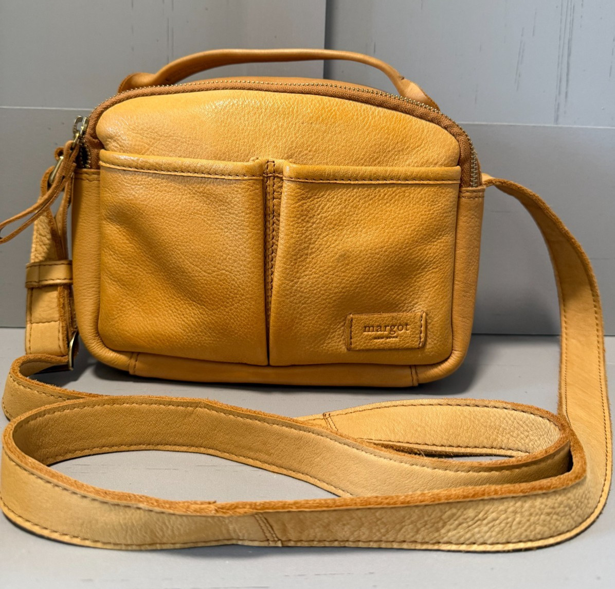 MARGOT Lunch box in soft tan leather crossbody messenger bag purse