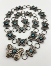 Old Fred Harvey Navajo Sterling Silver Turquoise Stamped Butterfly Concho Belt