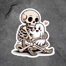 Skeleton sticker vinyl decal cute skeleton hugging ghost kawaii Halloween