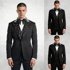 Black Men's 3Pcs Suits with Beaded Peak Lapel Coat Prom Dinner Party Jacket