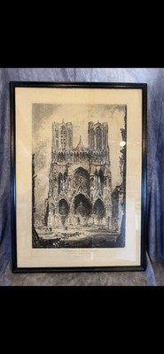 Louis Orr Etching Reims Cathedral Facade Louvre Framed 29x21 Art