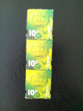 G B  LINE OF 3  USED STAMPS 1994 TO PAY CROWNS 10 PENCE.