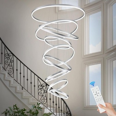 Benkut 9-Ring Modern LED Chandelier, Silver Dimmable Pendant Light for High Ceil