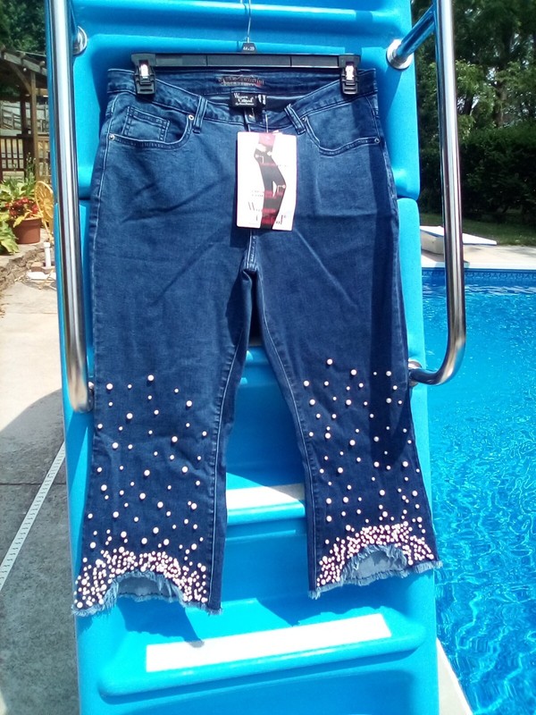 NWT Women with Control Pearl Studded dark blue Jeans 14 Petite