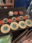 OHIO ART CO. TIN LITHO Childs METAL TOY Dishes Tea Set Vintage Antique Set