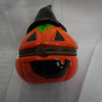 Unbranded Porcelain Halloween Pumpkin Witch Hat Trinket Box Jack O Lantern