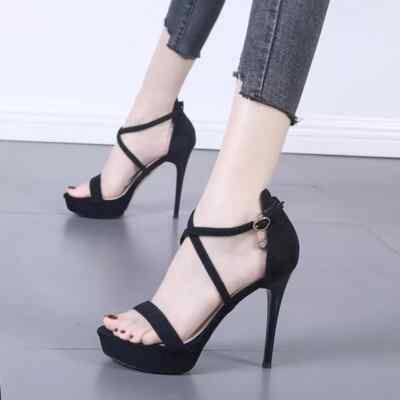 Damen Sandalen Plateau Plateau Absatz 12 cm Schwarz Cross Kunstleder 25972