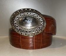 BRIGHTON Alligator Embossed Leather Belt Silver Oval Concho Big Buckle Sz M