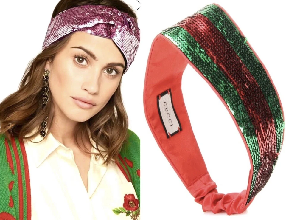 Nuevo Gucci 2019 3" Lentejuelas Verde Rojo Rayas Diadema Caja de Regalo Cabello OSFA Foto 3 de 4