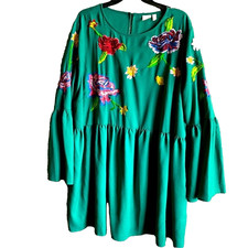 ASOS Babydoll Dress Womens 18 Green Floral Boho Embroidered Pop Over Peblem