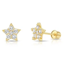 14K Real Solid Gold Pave Small Star CZ Stud Earrings Screwback Sleeper Studs
