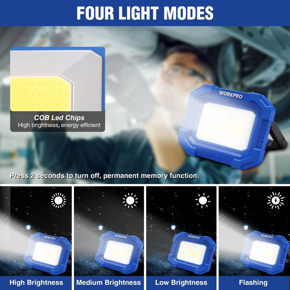 WORKPRO 2Pack Rechargeable 2000LM LED Work Light Magnetic Super Bright Worklight - Image 3 of 4