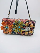 Cross Body Sholder Strap Yarn Flowers Clutch Purse Beads Rhinestones FLAW READ