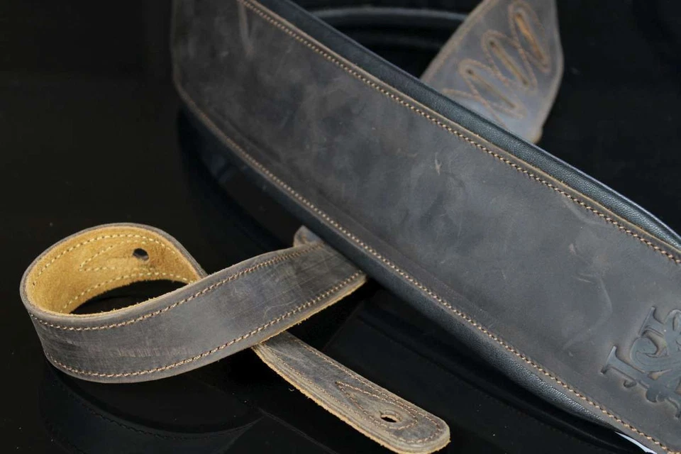 Iconic 3.25" Wide Dual Padded Leather Lightly Distressed Brown Guitar Bass Strap - Image 3 of 4