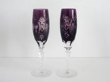 Ajka Marsala Cut Clear Crystal Tall Stem Amethyst Purple Champagne Flute Glasses