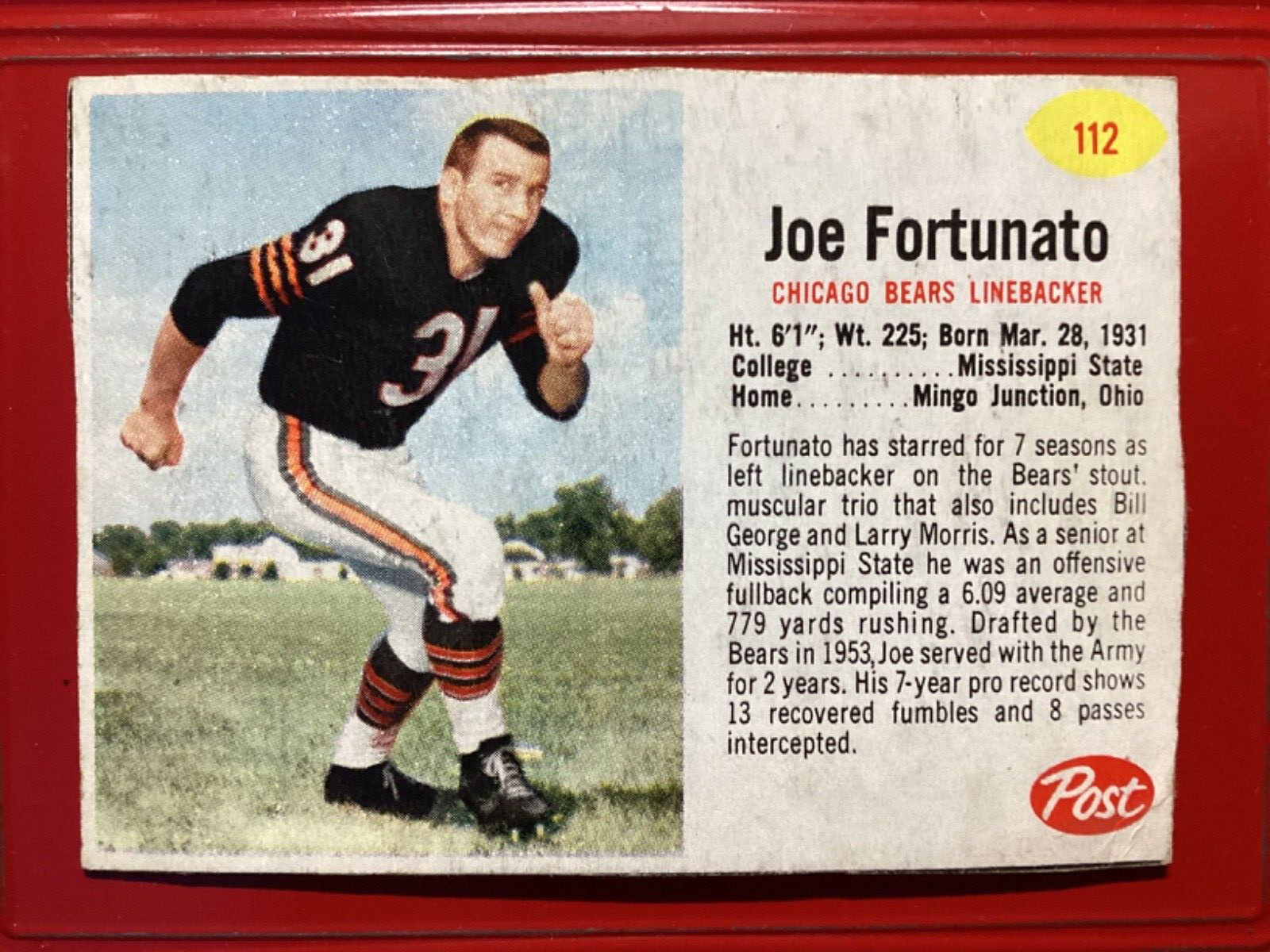 Joe Fortunato #112 Football Cards 1962 Post Cereal trading card — raw and PSA graded price guide