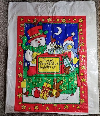 Vintage personalisierter Kunststoff Spielzeug Sack mit Schneemann Weihnachtsszene