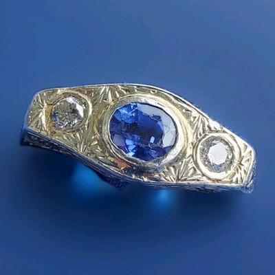 Original EARTH MINED SAPPHIRE DIAMOND Art Deco Engagement Ring Vintage Statement