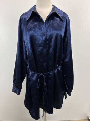 NEW! Susan Graver Hammered Satin Tunic Top Shirt Women s 2X Plus Blue Tie Waist
