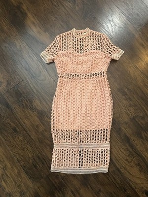 Vera & Lucy Crochet Midi Dress Pink Sheer Mock Neck Short Sleeve Zip