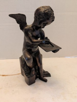 Vintage Bronze Cherub Figurine ~ Writing On Tablet Bookend Door Stop Art Statue