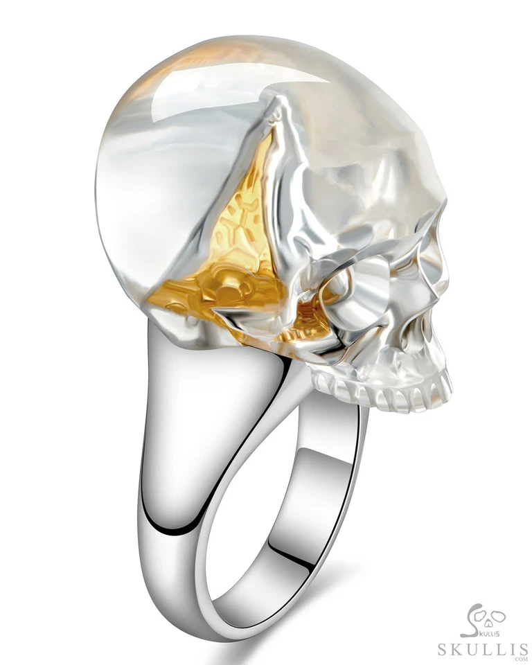 Anillo Calavera Cristal Roca Cuarzo Tallado a Mano, Plata 925 Foto 4 de 4