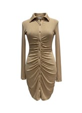 NA-KD Beige Ribbed Button Detail Ruched Dress