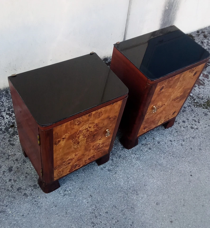 Par de mesitas de noche vintage de mediados de siglo Art Decò mesita de noche caoba Italia años 30 Foto 4 de 4