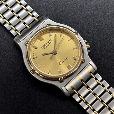 Vintage Technos Orrery Golden Sunburst Dial Swiss Men's Quartz Watch 111070 31