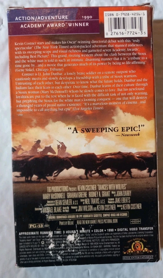 📼 🎬 Dances With Wolves (1990) VHS Video Starring Kevin Costner Collectable See - Image 2 of 3