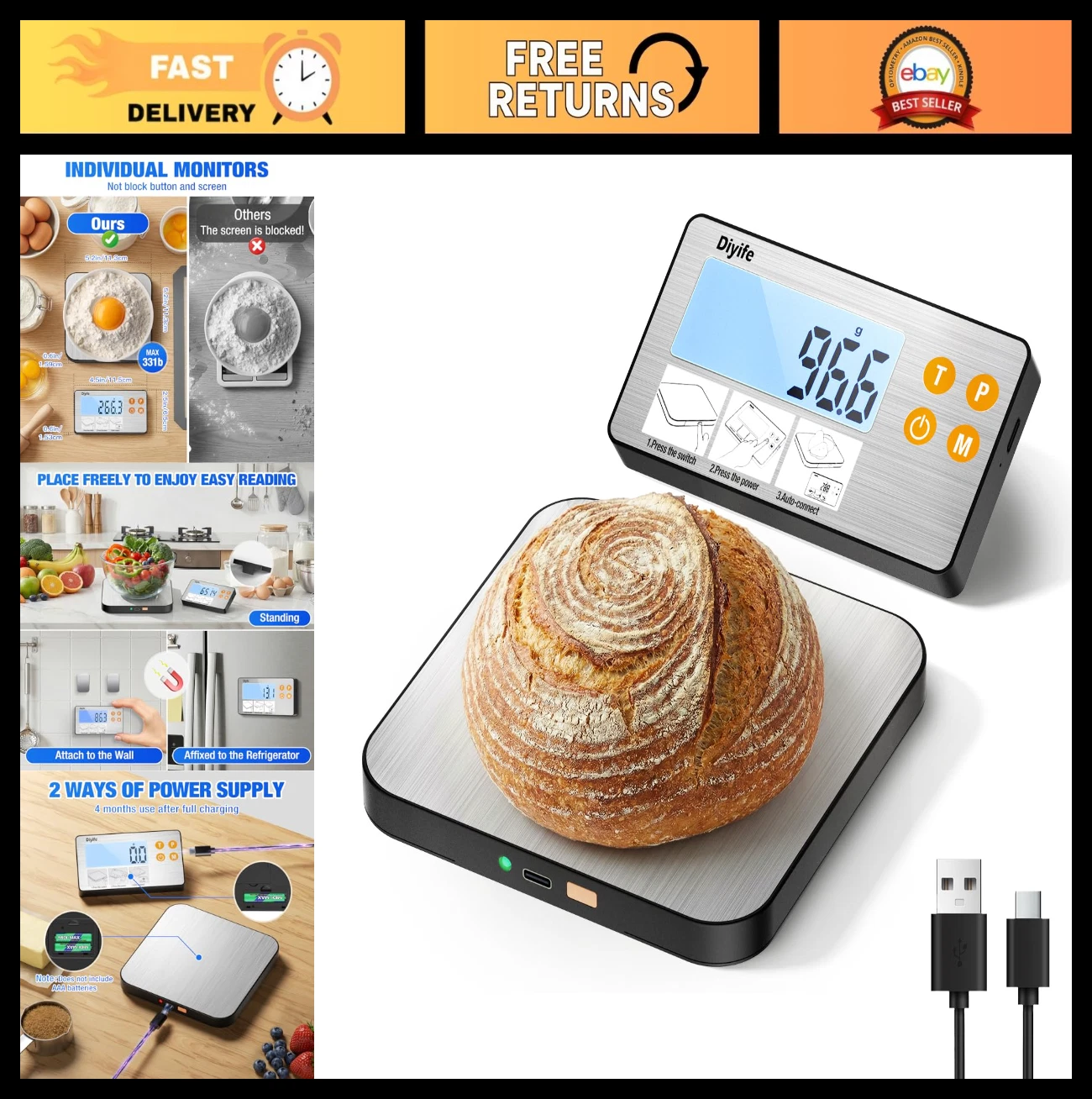 Rechargeable Digital Kitchen Scale 33lb Split Display, 1g/0.1oz Accuracy, Food-G