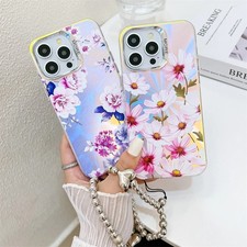 For iPhone 16E 15 14 13 Fashion Flowers Laser Frosted Phone Case W/ Wrist Strap