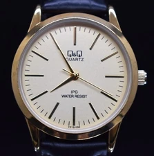 Q&Q IPG by Citizen Women's Watch Quartz Gold Tone Black Leather Band NEW BATTERY
