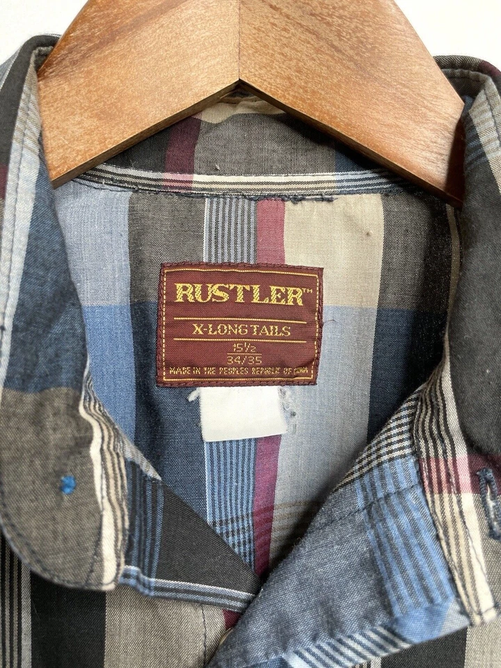 Camisa Western Rustler Pearl Snap Vintage Azul Tostado + Rojo Cuadros Para Hombres 15 1/2 34/35 Foto 4 de 4