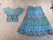 Linda Lundstrom 2 Piece Set Sheer Top Maxi Skirt 12 Blue Green Geometric Boho