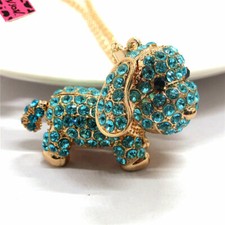 Fashion Women Blue Cute 3D Dog Puppy Crystal Pendant Sweater Jewelry Necklace