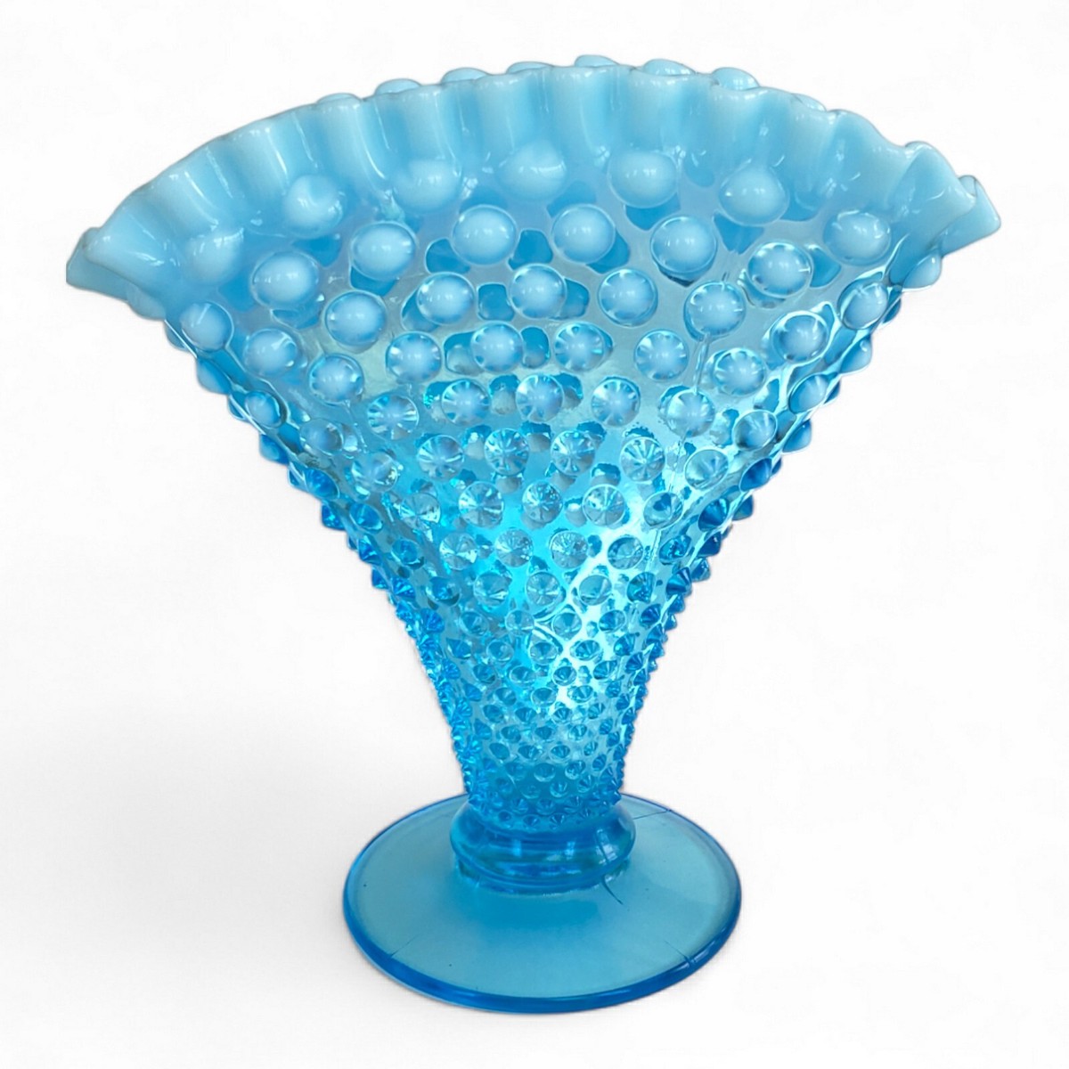 Vintage Fenton Blue Opalescent Glass Hobnail Ruffled Fan 8