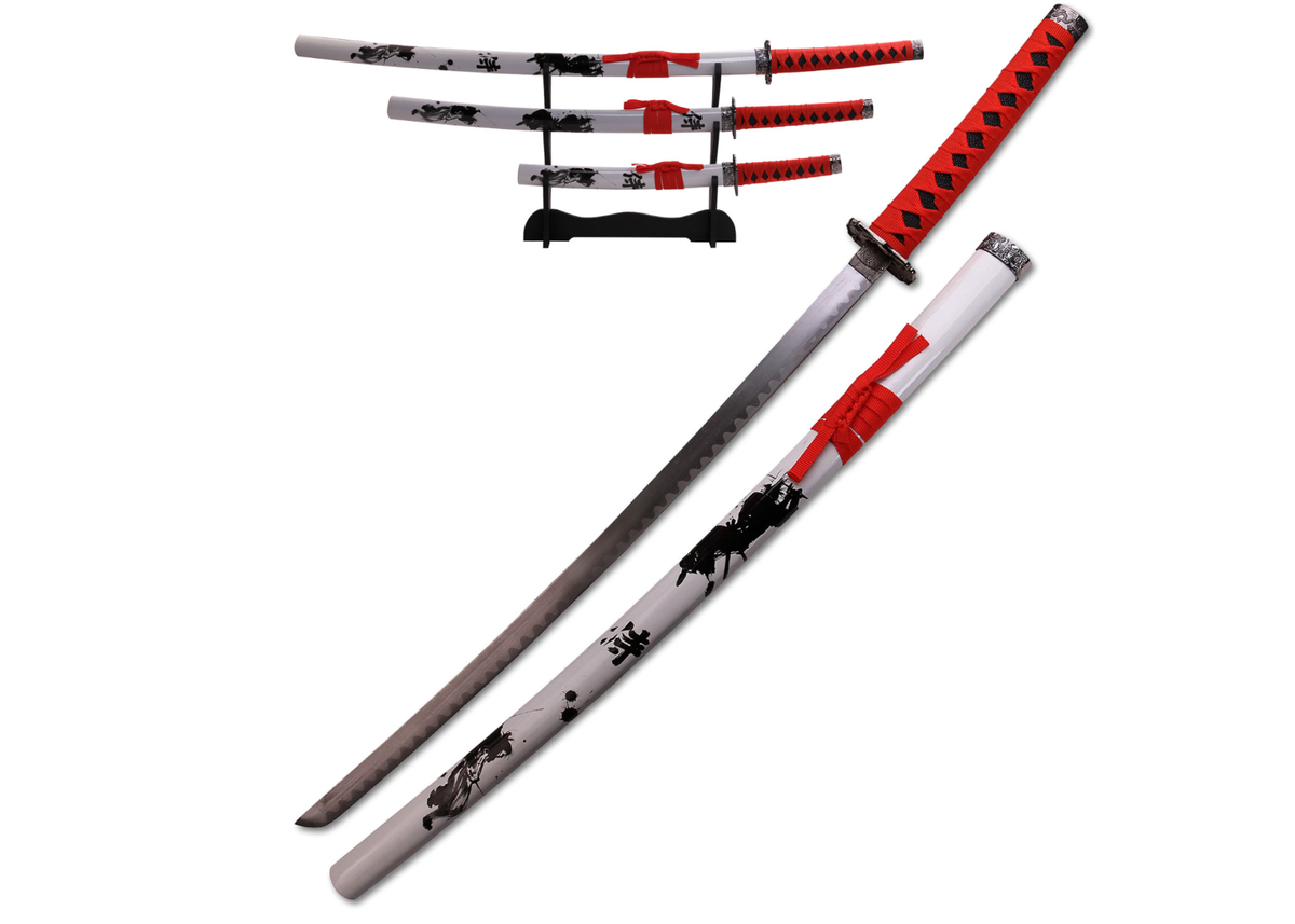 3 PIECE JAPANESE KATANA SAMURAI SWORDS SET WHITE/RED DRAGON 3 PIECE JAPANESE KATANA SAMURAI SWORDS SET WHITE/RED DRAGON