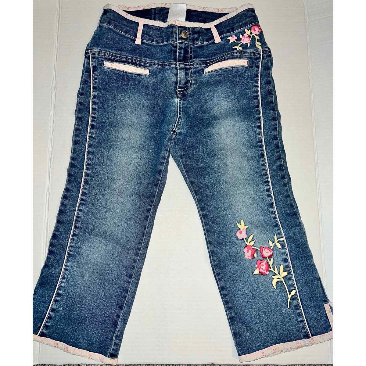 Vintage Lucky Brand Girls embroidered Floral denim wide leg