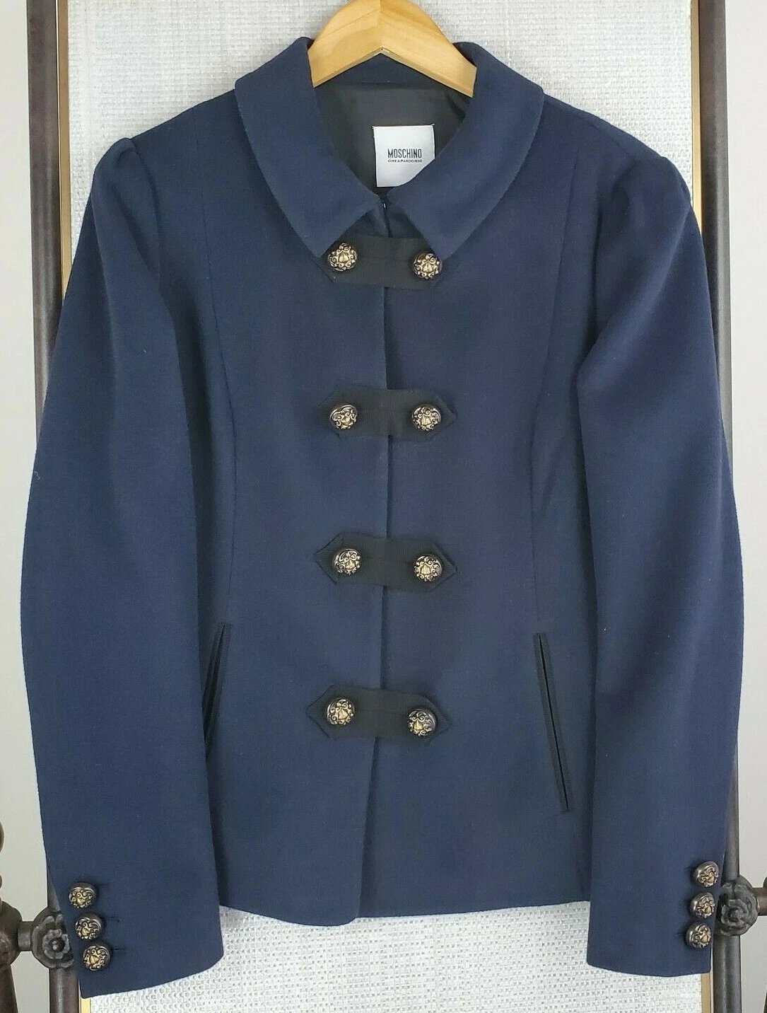 Cappotto giacca MOSCHINO ITALY taglia 12 grande donna lana angora blu navy toggle