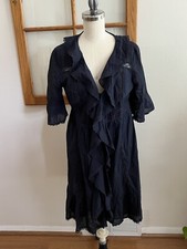 Ann Taylor Loft Dress 4 Navy Blue 100% Cotton Ruffle Front Elbow Sleeve Lace