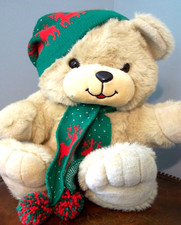 CHRISTMAS TEDDY BEAR PLUSH STUFFED ANIMAL GREEN/RED HAT/SCARF 18" EUC...