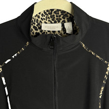 Chicos Weekends Jacket Size 1 Full Zipper Black Leopard Trim Pockets Unlined