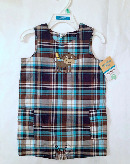 CARTER/'S Infant Boys Plaid Sleeveless Romper Dinosaur Grey Yellow 12M Playwear