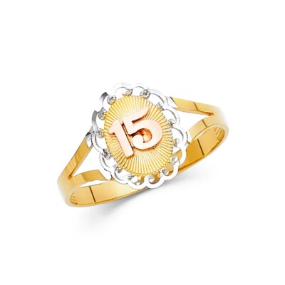 14 Karat echter massiver dreifarbiger Goldring 15 Anos Quinceanera Anillo