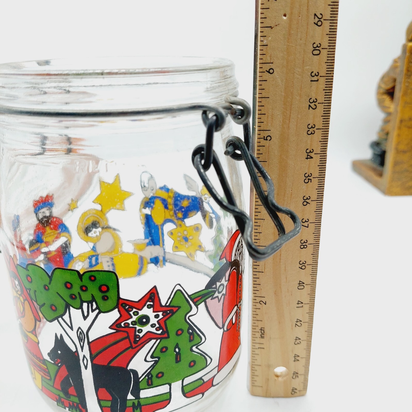 Le Parfait French Glass Jar Christmas Nativity Santa Snowman Wire Clamp Lid 6"