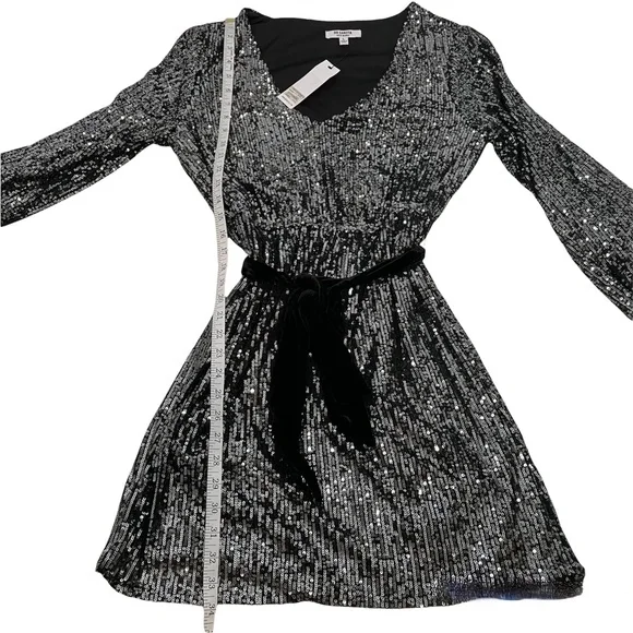 bb dakota steve madden sequin dress BB DAKOTA STEVE MADDEN Say So Sashed Sequin Long Sleeve Cocktail Dress M Gold