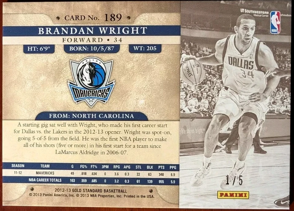 BRANDAN WRIGHT 2012-13 帕尼尼金标准 2013 年全国贵宾 #1/5 Mavs 勇士 — 第 2/2 张图片