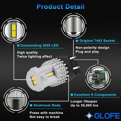 2X GLOFE 7443 7440 SMD LED Back Up Reverse Light Bulbs 6000K White Super 2100LM - Picture 2 of 11