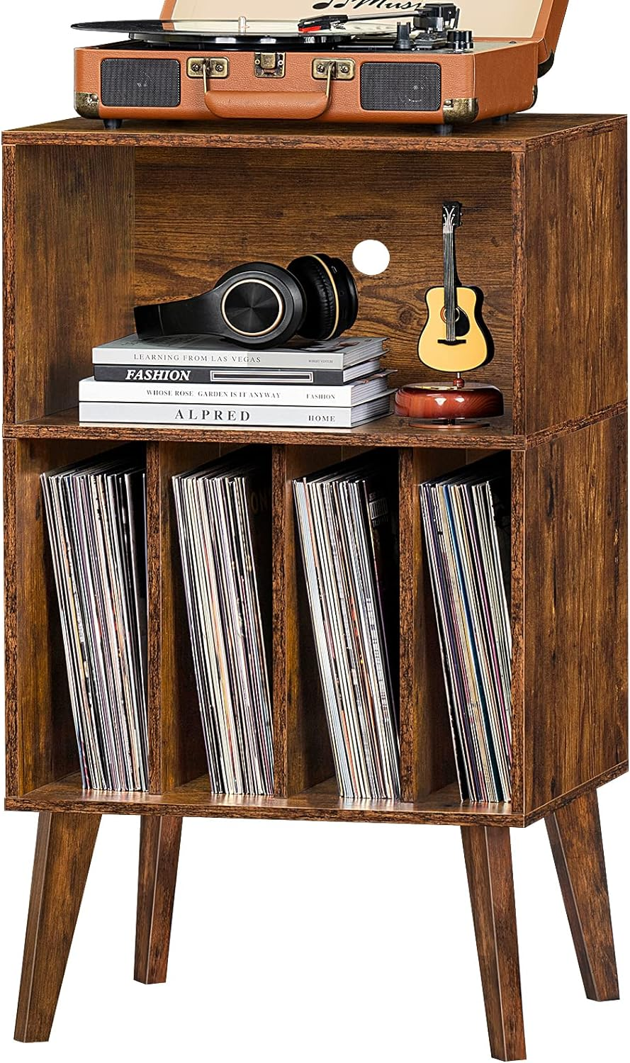 Mid-century brown record player stand with 160-album storage capacity-image